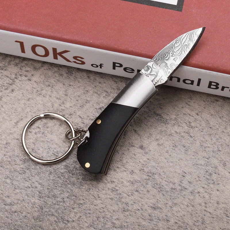 Damascus Steel Mini Knife Ebony Wood Handle Folding Knife Pocket Outdoor Camping Keychain EDC Tool Unpacking Cutter With Chain