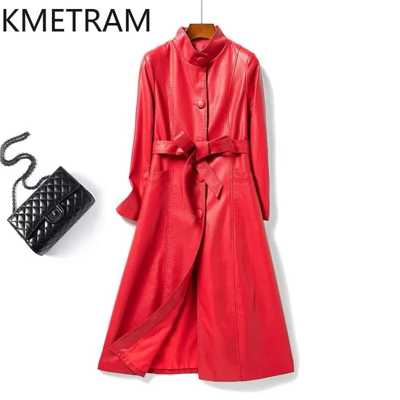 KMETRAM-Chaqueta de piel de oveja auténtica para mujer, abrigo por encima de la rodilla, gabardina de longitud media, primavera y otoño, 2024