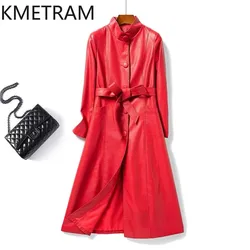 KMETRAM Genuine Sheepskin Leather Jacket Women Overknee Spring Autumn Women's Clothing Mid Long Trench Coat 2024 Leren Jas Dames