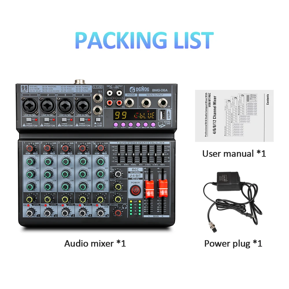 DGNOG Mezclador de audio profesional de 6 canales EQ de 7 bandas con 99 efectos DSP Consola Bluetooth USB de alimentación fantasma de 48 V para estudio de escenario