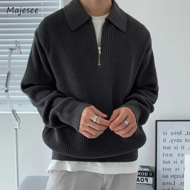 

Baggy Sweaters Men Japanese Style Retro Slouchy Turn-down Collar Fashion Leisure Pullover Autumn Daily Knitwear Solid Prevalent