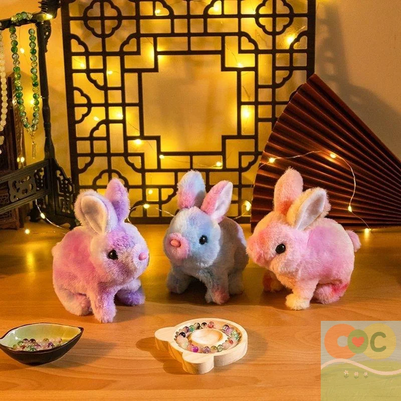 Unidade única, brinquedo de pelúcia de coelho elétrico com orelhas de sinuca, coelho arco-íris, presente de aniversário, faz ruído