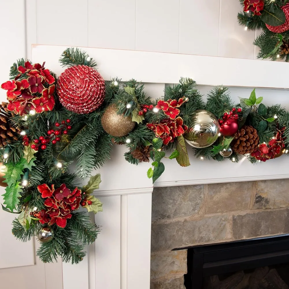 9-foot Artificial Christmas Wreath, Decorated with 100 Warm Transparent LED Lights in Red and Gold, Remote Battery Powered Timer