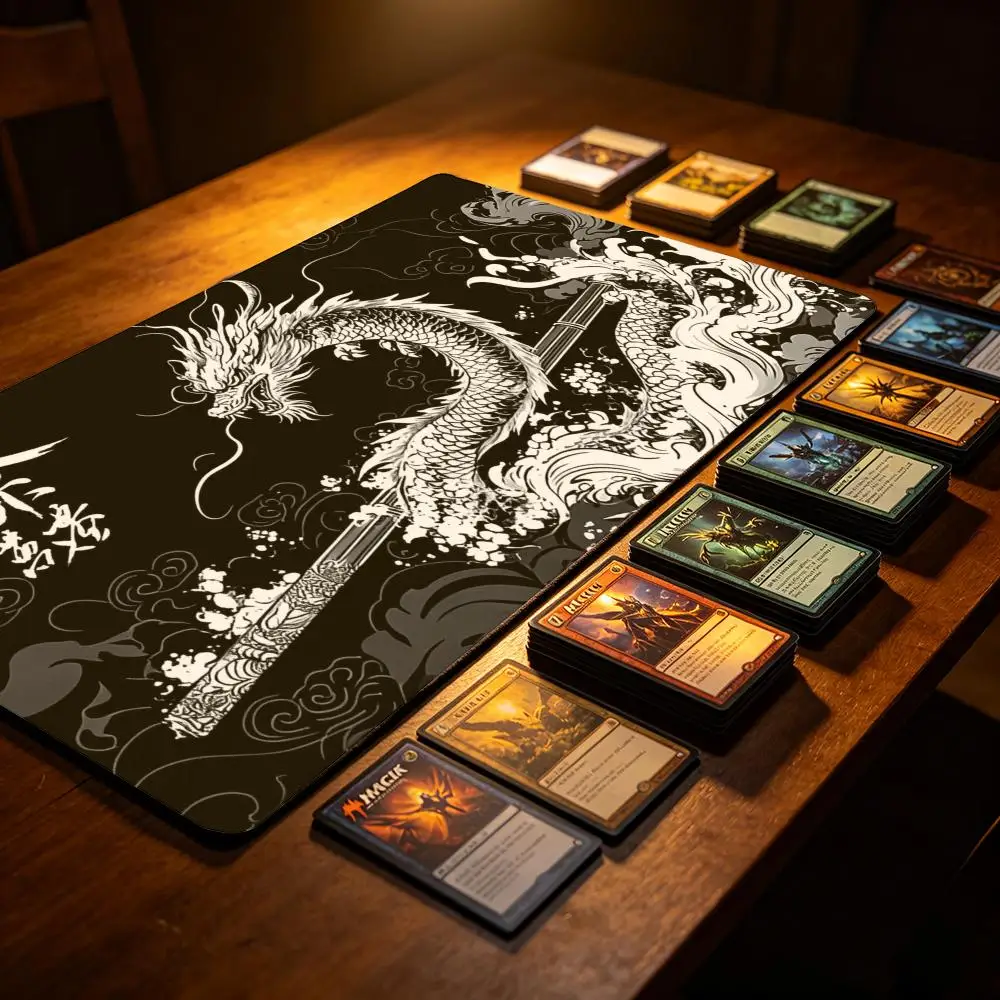 Black White Ink Dragon TCG Commander Playmat Magic Card Mat Duel Master Board Game DeskMat With No Zones Rubber Non-slip 35x60cm