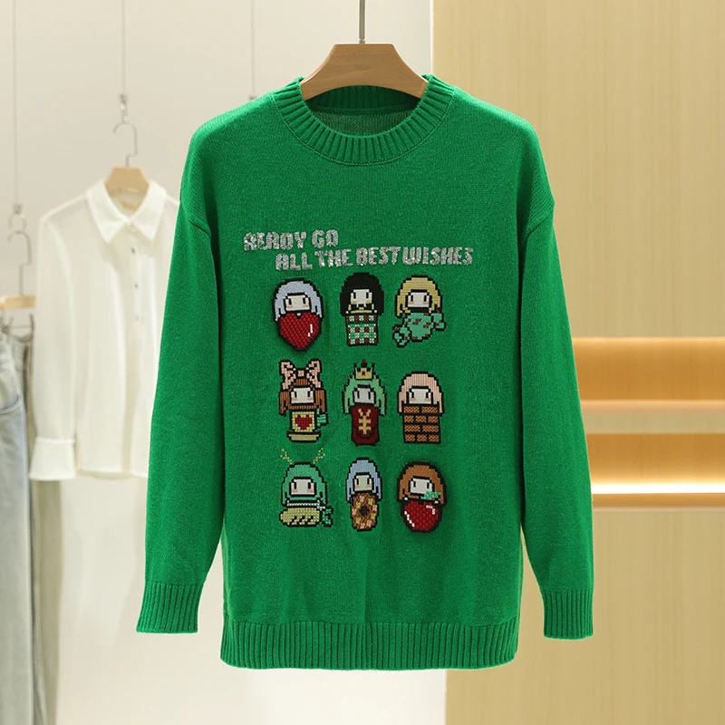 

Бренд W【Осенняя вода】Сверкающие блестки с буквами мультфильмов, свободный утягивающий вязаный свитер, женский модный шерстяной топ