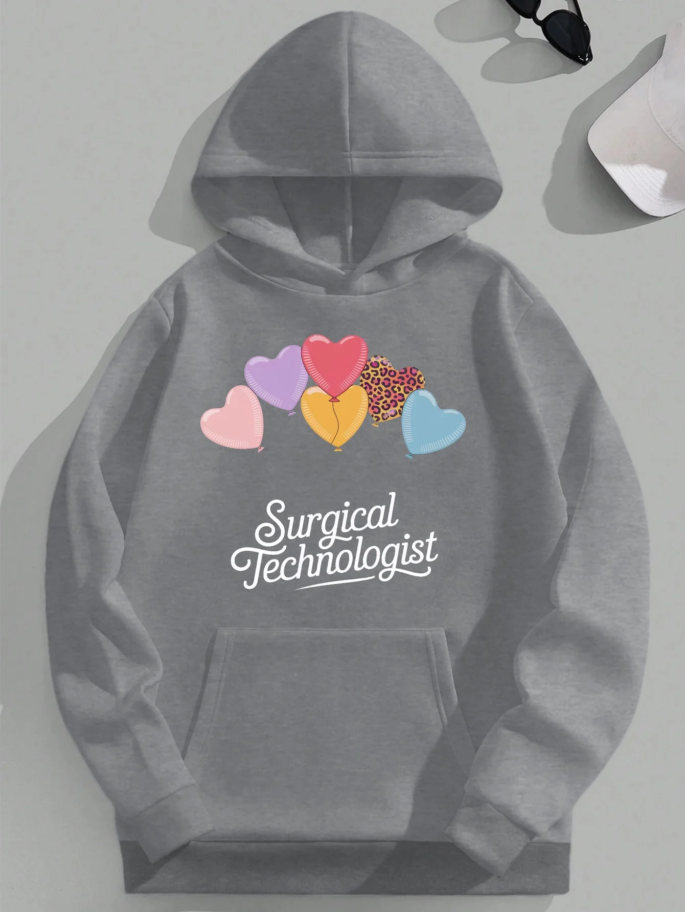 

Men's Surgical Technologist Graphic Hooded Sweatshirt - Plus Size Loose Fit Medical-Themed Heart Balloons & Scissors Print