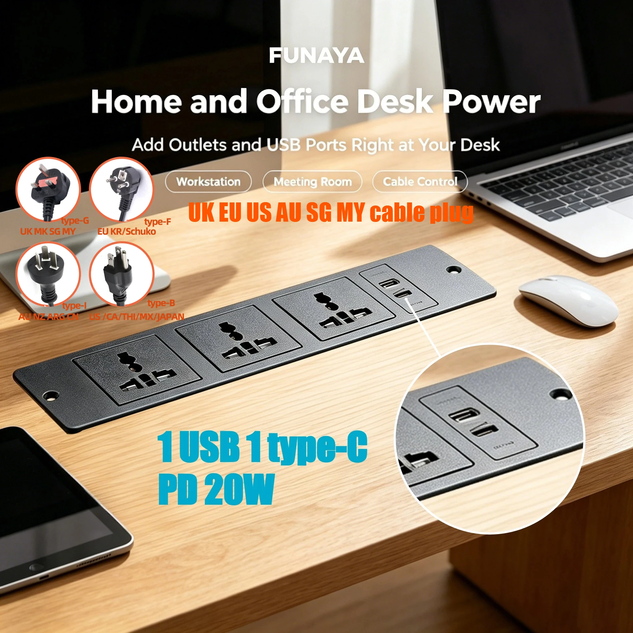 FUNAYA Universal  Built-in Table Recessed Socket with EU SU UK AU Plug USB Power Electric Desktop Countertop Furniture Outlets