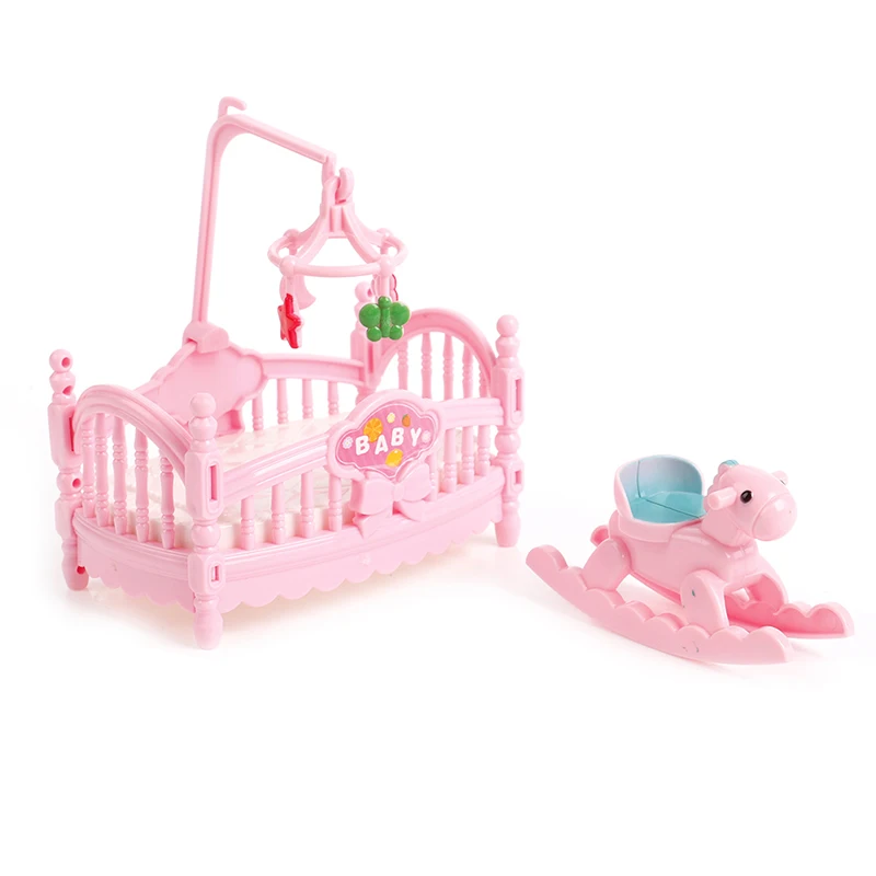 Miniature Crib Bed And Wooden Horse For Children Girls Gift Doll House Decor