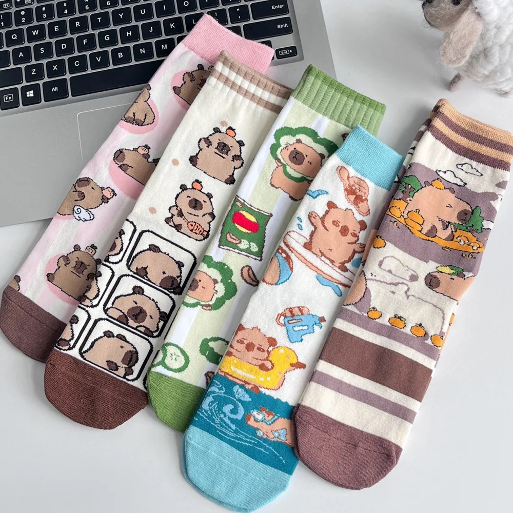 Cartoon Cabbage Head Capybara Little Bear Socks Mid Length Cotton Socks Cute Internet Red Korean Spring Autumn Winter Animals