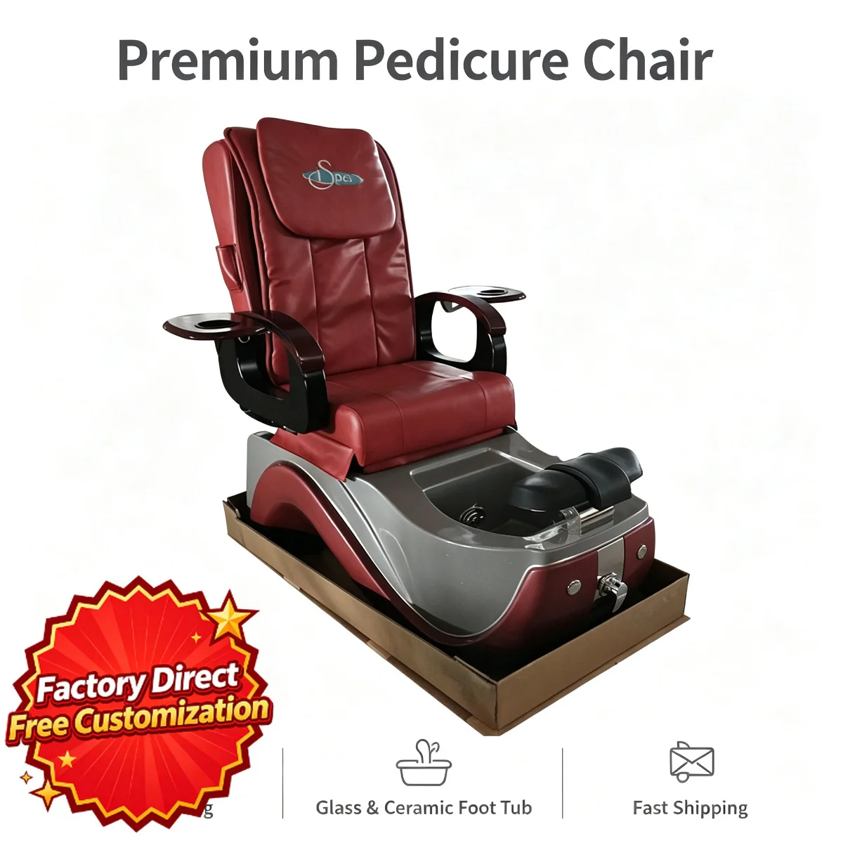 Silver Base Electric Pedicure Chair Burgundy Heated Foot Spa Massage Salon Chair