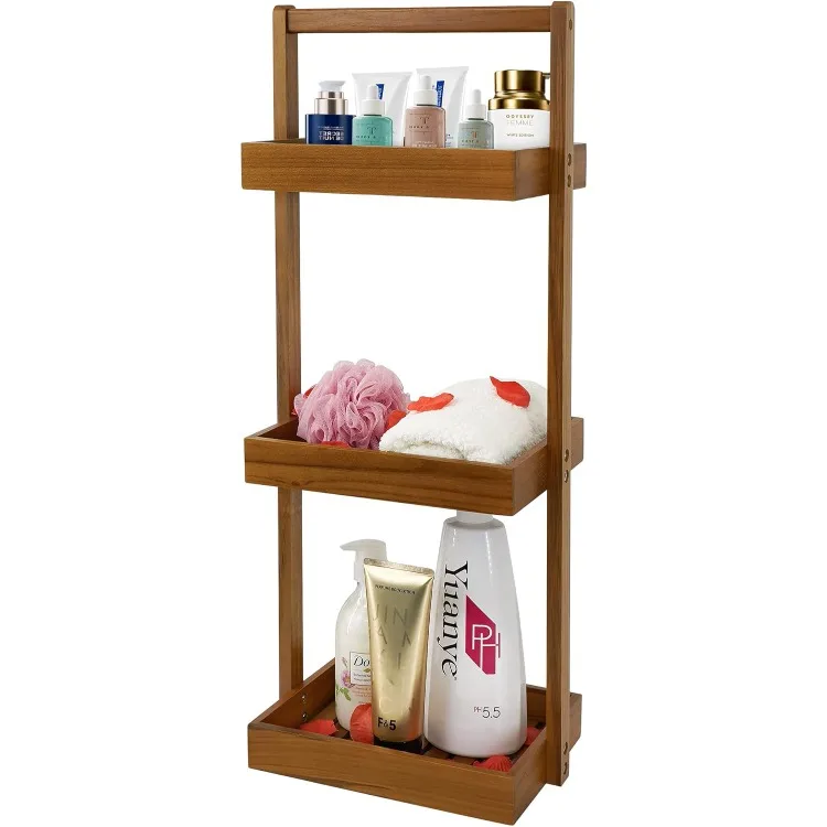 

Teak Shower Caddy Corner, 3 Tier Standing Shower Organizer Shelf with Handle, Wood Bathroom Stand Up Caddy Basket