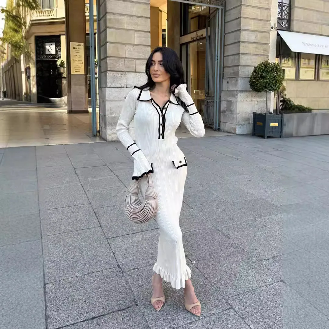 

Brand Fashion Vintage Turn-down Collar Knit Maxi Dress Elegant Single-breasted A-line Long Shirt Dress Lady Vestidos