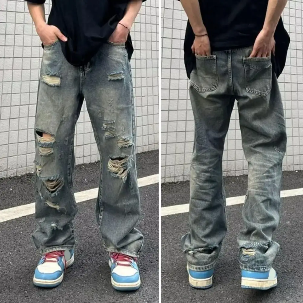 

Hip Hop Style Jeans Distressed Washed Jeans Distressed Wide Leg Men's Jeans with Ripped Holes Multiple Pockets for Casual