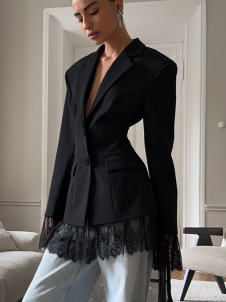Vintage Black Slim Lace Blazers Coats for Women Elegant Notched Collar Jacket Street Chic Long Sleeve Outerwear Lady 2026 Autumn