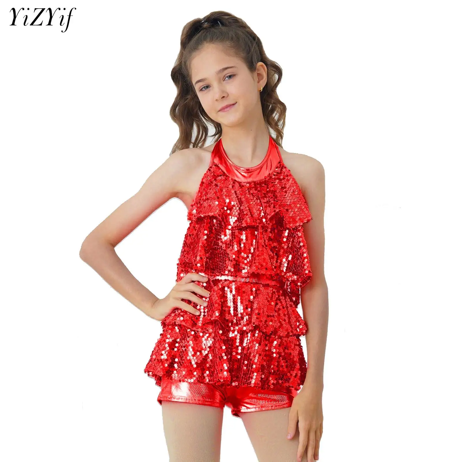 Kids Girls Halter Shiny Sequins Ballet Dance Shorty Unitard Dress Modern Jazz Latin Dancing Costumes Competition Dancewear