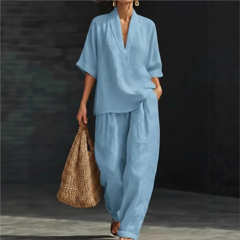 

Fashion Women 2 Piece Set 2026 Long-sleeved V-neck Folded Collar Shirt Tops+Loose Wide-leg Trousers Suit Woman Clothing Outfits