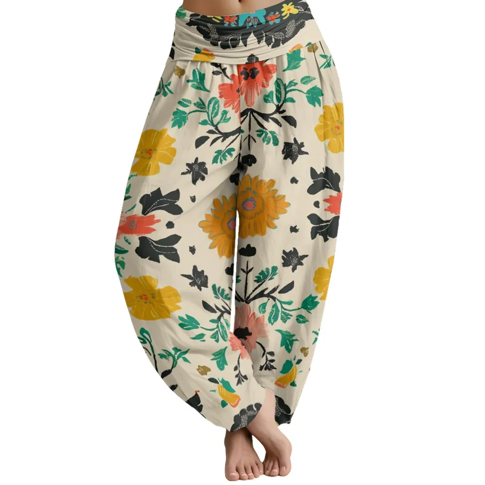 

Тайские брюки с экзотическими цветами в стиле ретро, женские широкие брюки Solf, шикарные свободные брюки с высокой талией для тренировок, повседневные шаровары