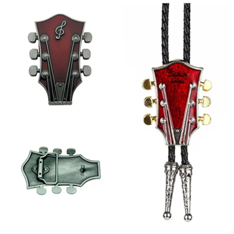 Two sets of Bolo ties with leather belt buckles, rock music guitar headband buckles, in a Western style.
