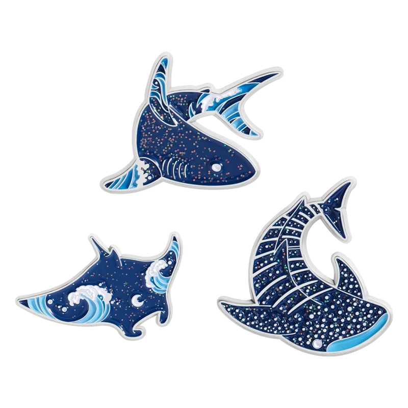 Cartoon Sparkling Underwater Sea Creatures Enamel Pins Glitter Manta Ray Dolphins and Sharks Brooches Lapel Badge Jewelry Gifts