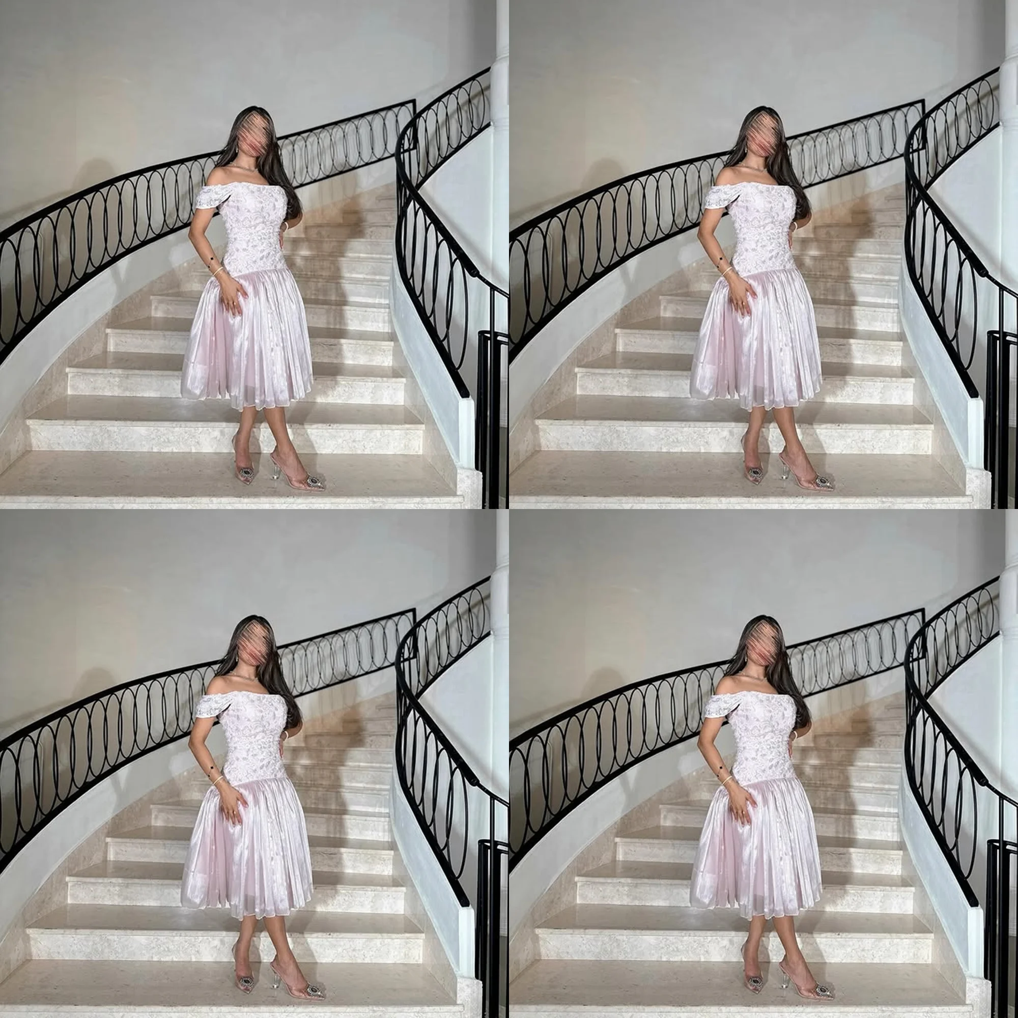 

Glitter Boat Collar Beaded Bodice A-line Backless Evening Dress Organza Puffy Tea-Length Party Gown for Women Customized