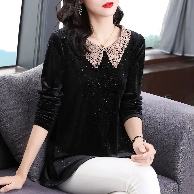 Middle-Aged Mother Long Sleeve T-Shirt Tops Large Size Doll Collar Women's Bottoming Shirt Spring Fall Thin Gold Velvet Tee Coat