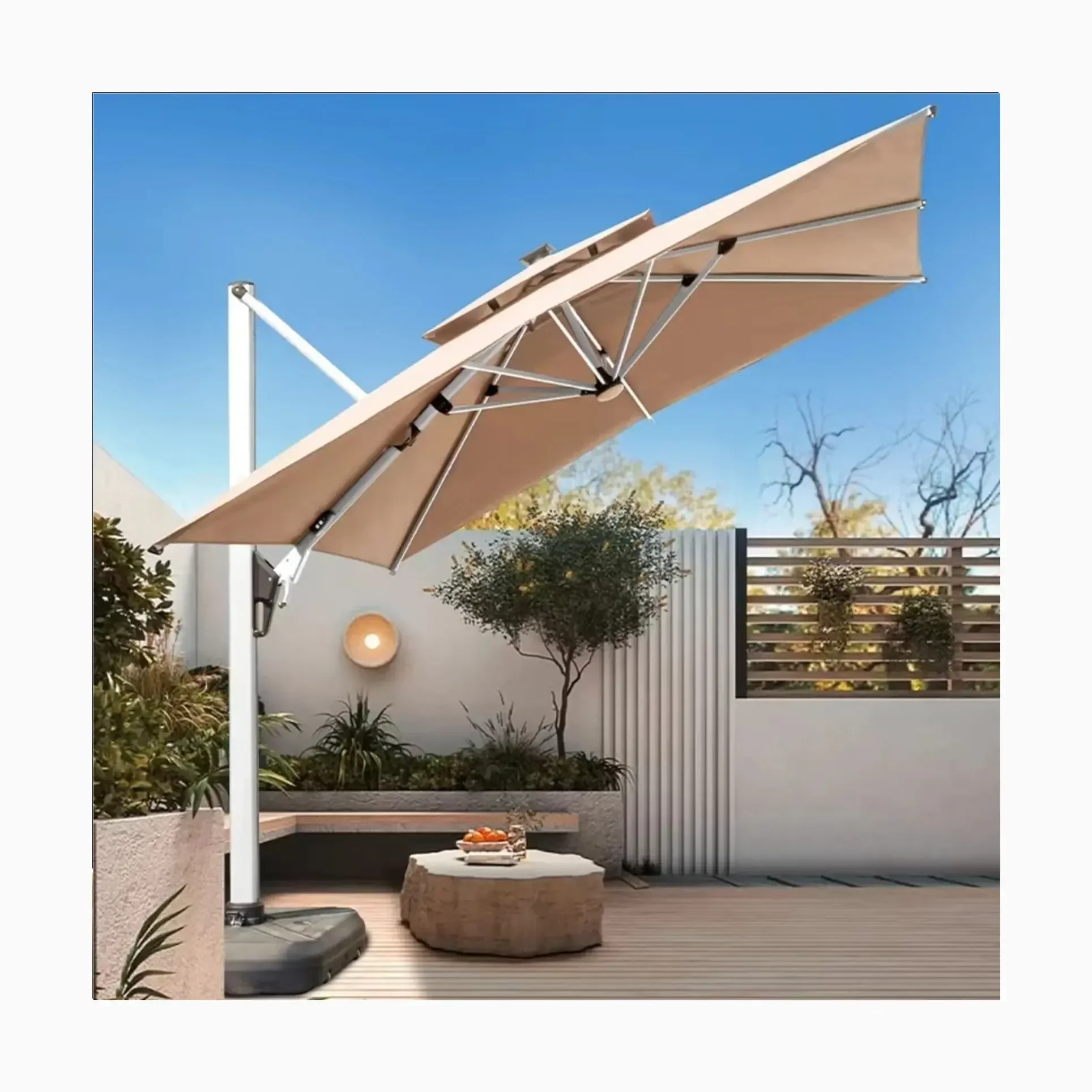 Super Strong Patio Umbrella Thick Frame Windproof Cantilever Parasols & Bases Outdoor Roman Sun Shade with Solar LED Light