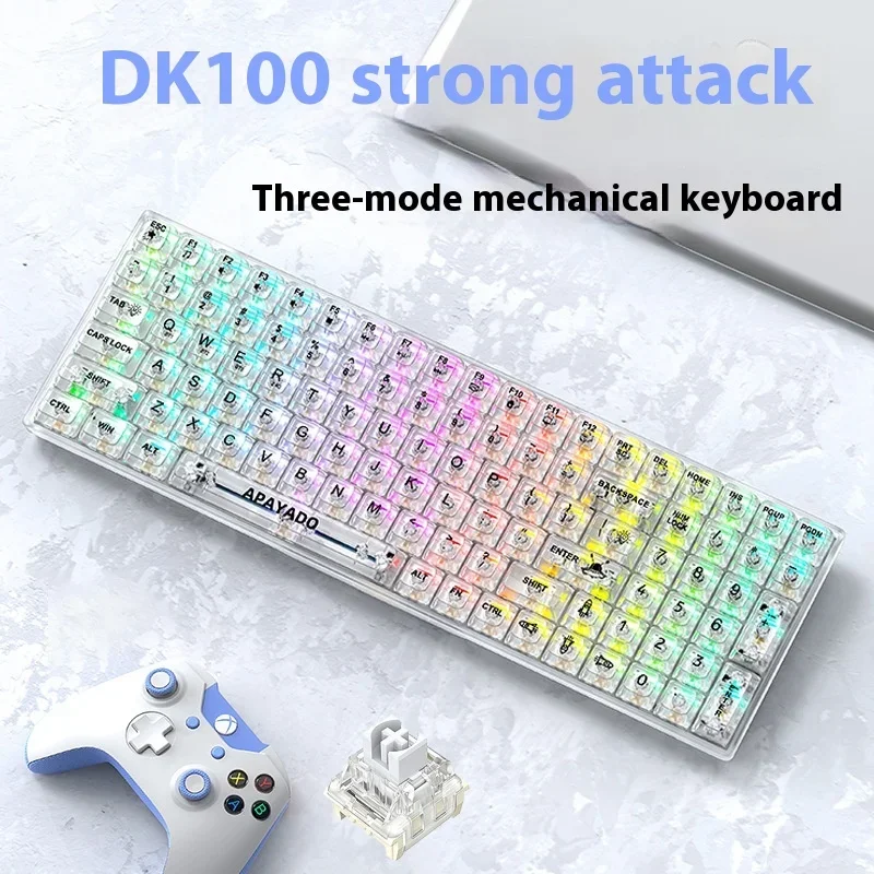 Apayado Dk100 Transparent Ice Three-mode Keyboard,pc High-transparent Crystal Keycaps,full-key Hot-swappable Rgb Keyboard