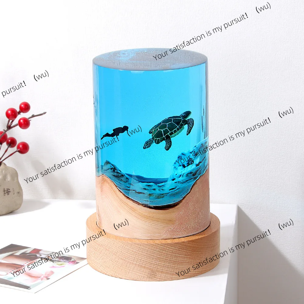 Handmade micro-landscape ornament marine turtle whale shark diver creative desktop cylinder solid wood resin night light