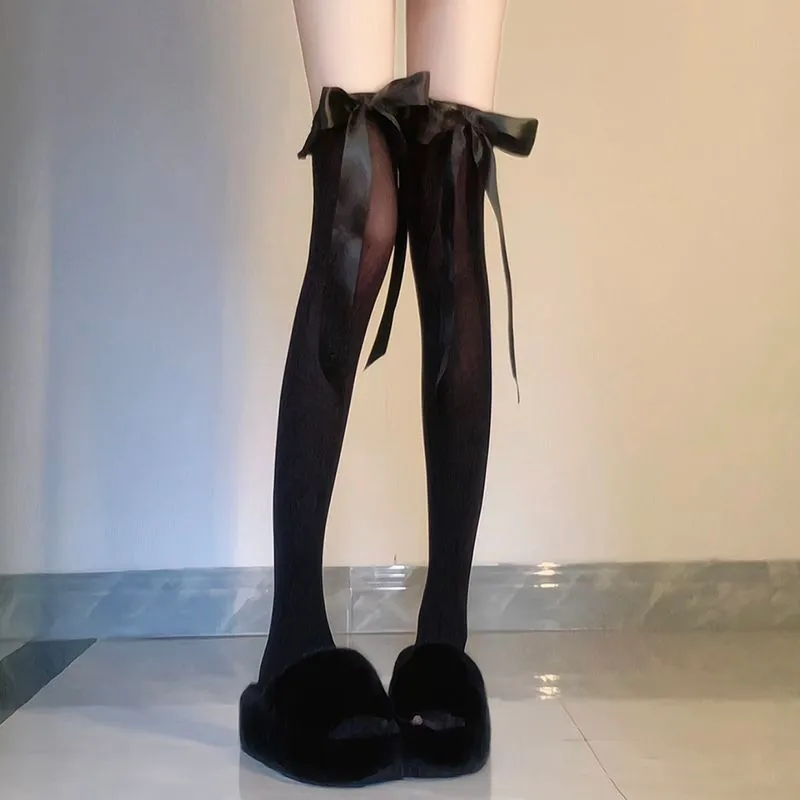 Women's Summer Thin Velvet Bowknot Ribbon JK Thigh High Stockings Sweet Lolita Princess Style Solid Color Sheer Overknee Socks