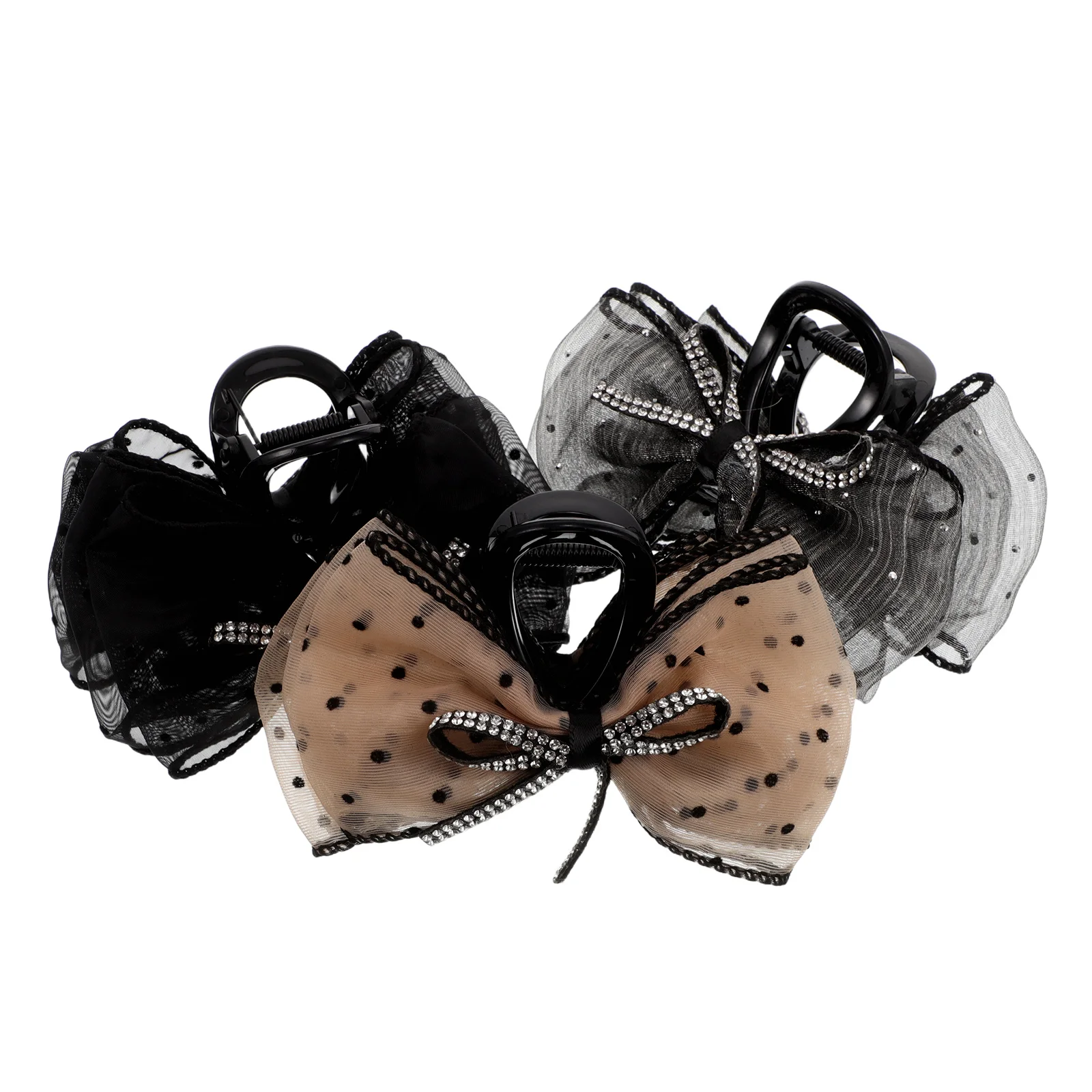 

3pcs Mesh Bow Hair Clip Non-Slip Shark Claw Clips Sparkling Rhinestone Dot Stylish Women Girls Assorted Color Bridesmaid
