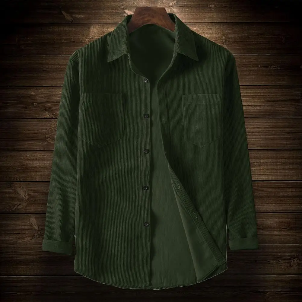 

Pure Color Shirt Retro Style Men's Corduroy Cardigan with Chest Pockets for Daily Wear School Loose Fit Turn-down Collar Shirt