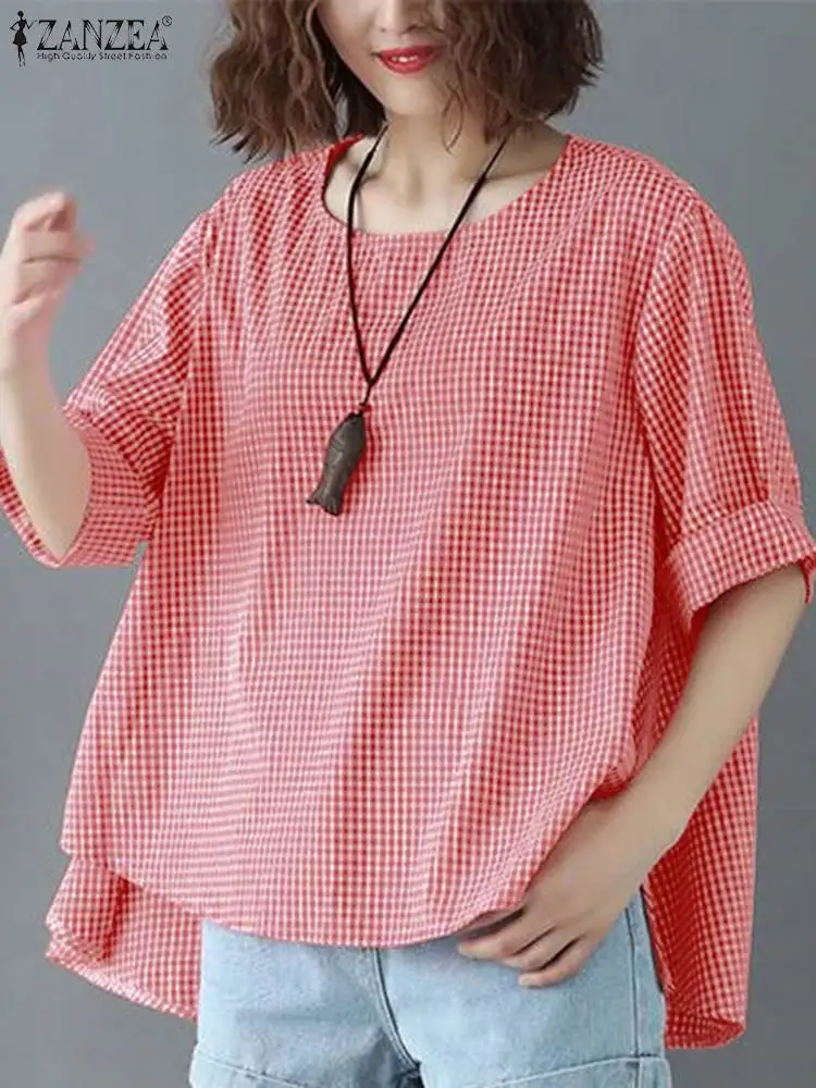 

Блузка ZANZEA женская с полурукавами, винтажная Повседневная модная клетчатая туника с высоким и низким вырезом, в Корейском стиле, на лето