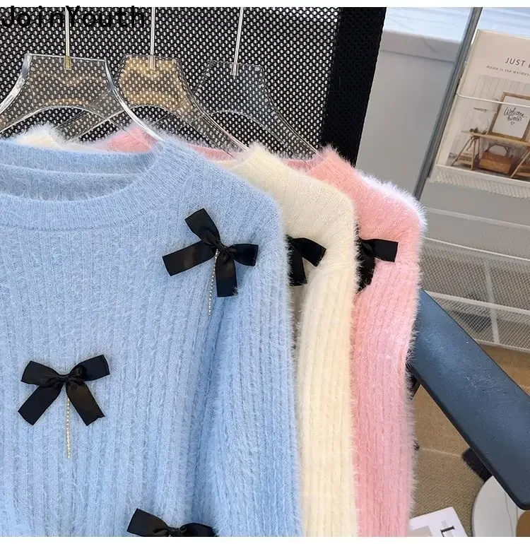 Sweet Sweater Women Clothing Bow Tunic Fashion Jumper Pull Femme 2023 Ropa Mujer Casual Korean Knitted Pullovers Y2k Tops 27p581