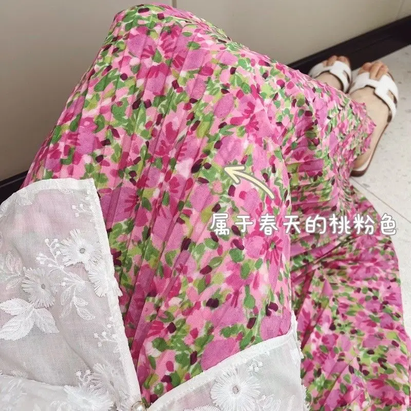 Floral Pleated Skirt Women High Waist Long Skirt Woman Pink Beach Maxi Skirts for Women Boho Party Vintage Women's Skirts A656