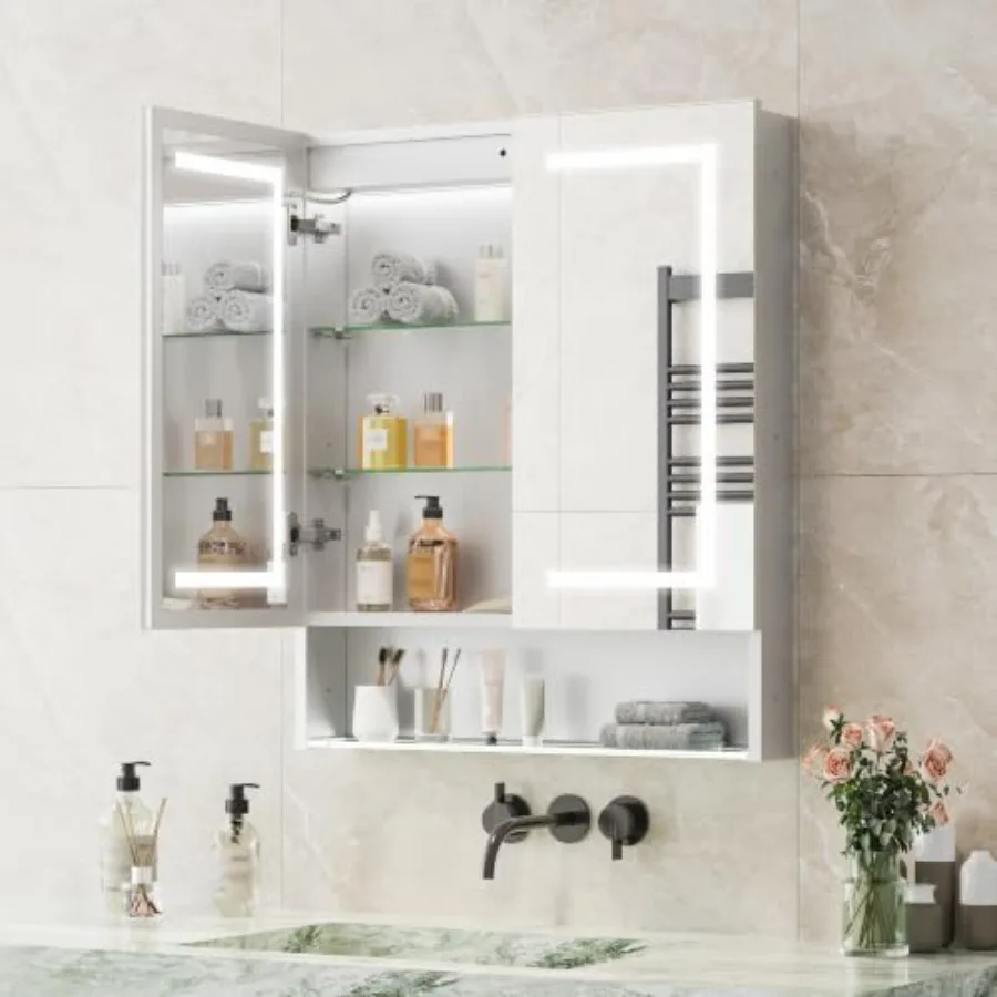Bathroom lighted medicine cabinet with double-sided light and mirror, anti-rust aluminum, white, adjustable light/anti-fog/outl