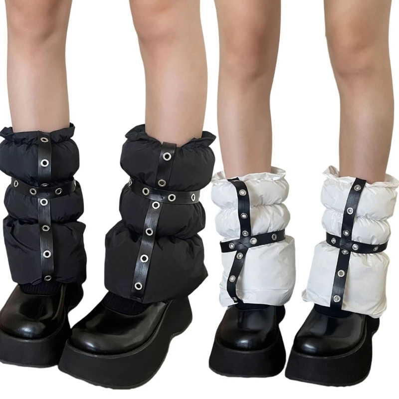 女性の冬暖かいパッド入りフグレッグウォーマー屋外ゴシックアイレット-pu-ストラップスプリットフレアブーツカバー袖口靴下