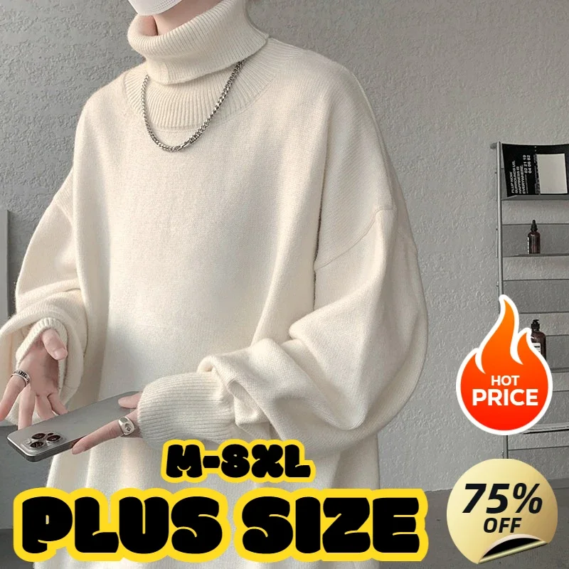 Plus size Męski sweter z golfem Idle Style White Knit Inner Autumn Winter New Trendy Brand Cashmere Pullover 8XL 7XL 6XL 5XL