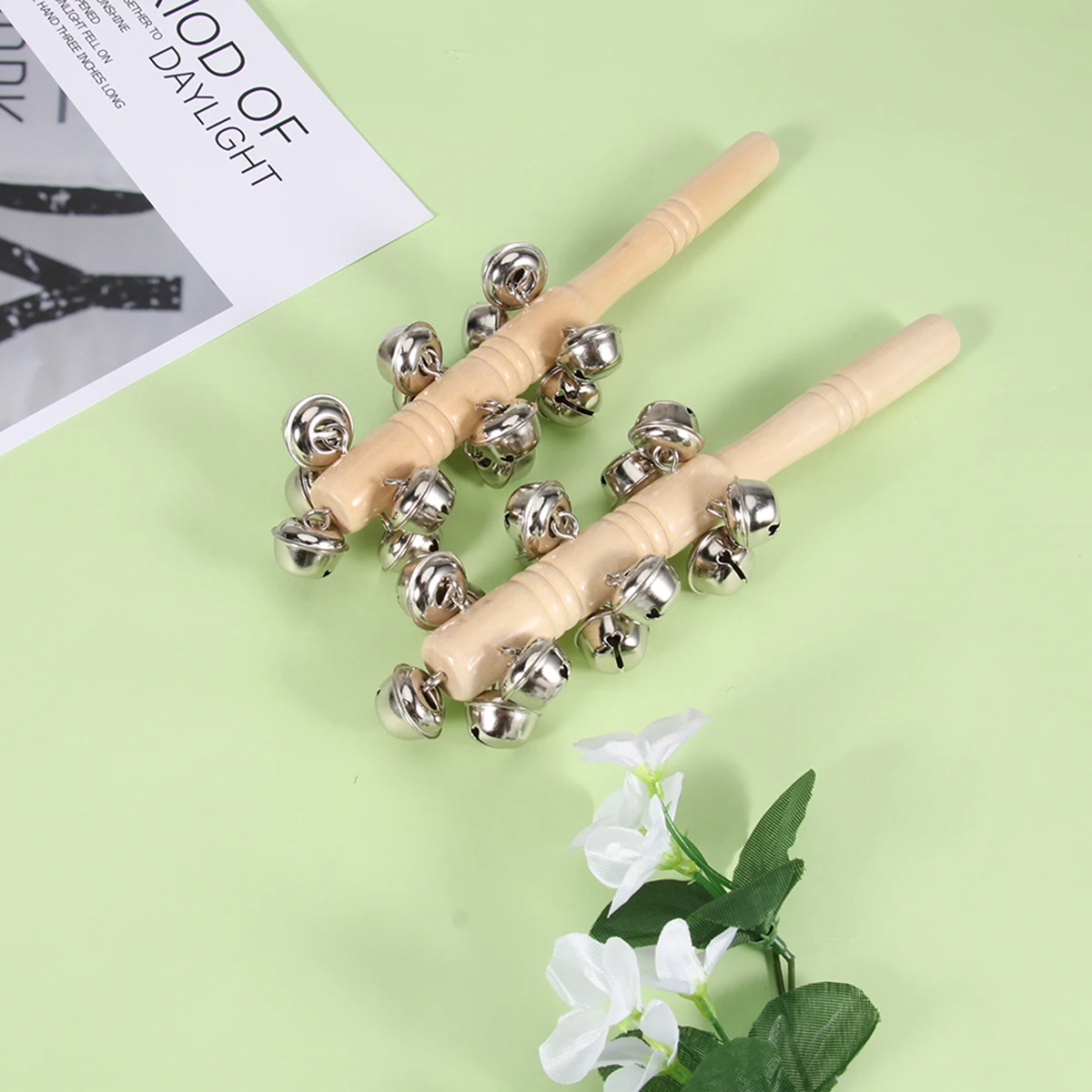 2pcs Wooden Beads Bar Hand Rattle Baby Teether Beech Wood Bell For Kids 4 Rows 13 Bells Lightweight Safe Natural Wood Infant
