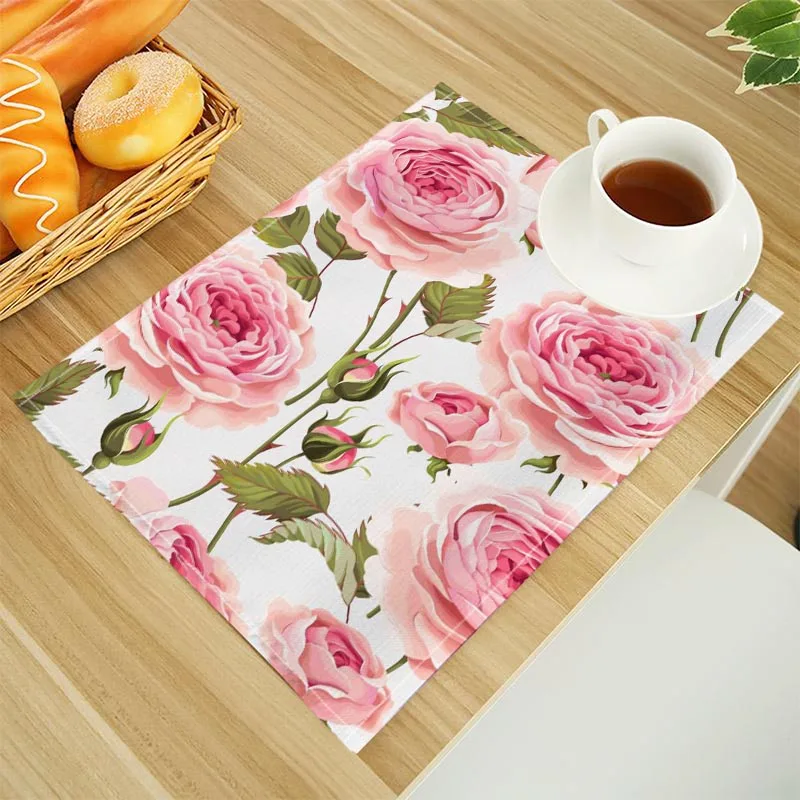 Pink Rose Print Linen Dining Table Mats Alphabet Kitchen Placemat 30X40cm Coasters Pads Bowl Cup Mat