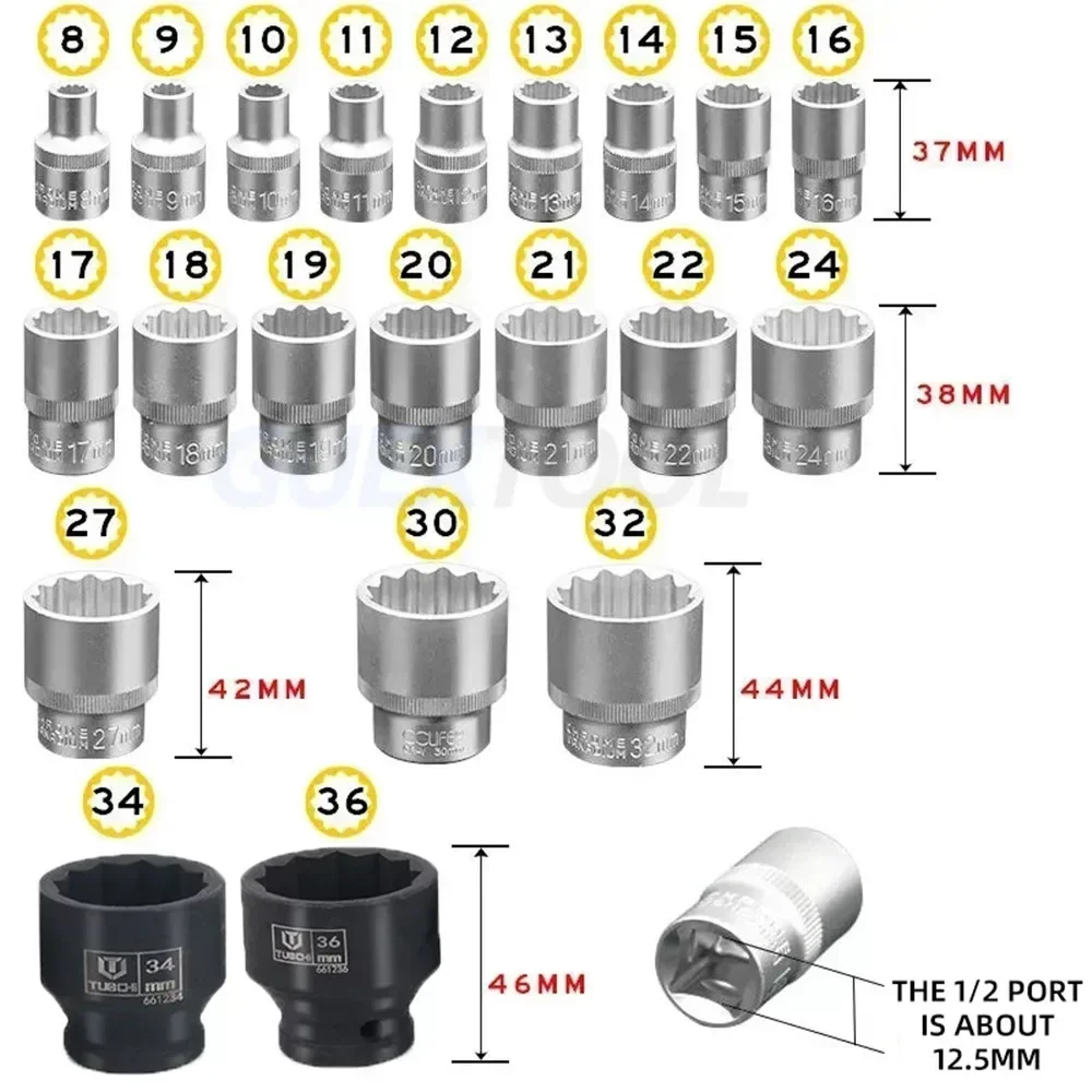 21 Pcs 1/2 Hexagon Torx Sockets Set 8-36mm Specification Socket Head Set Auto Repair Equipment Repair Ratchet Wrench Tool