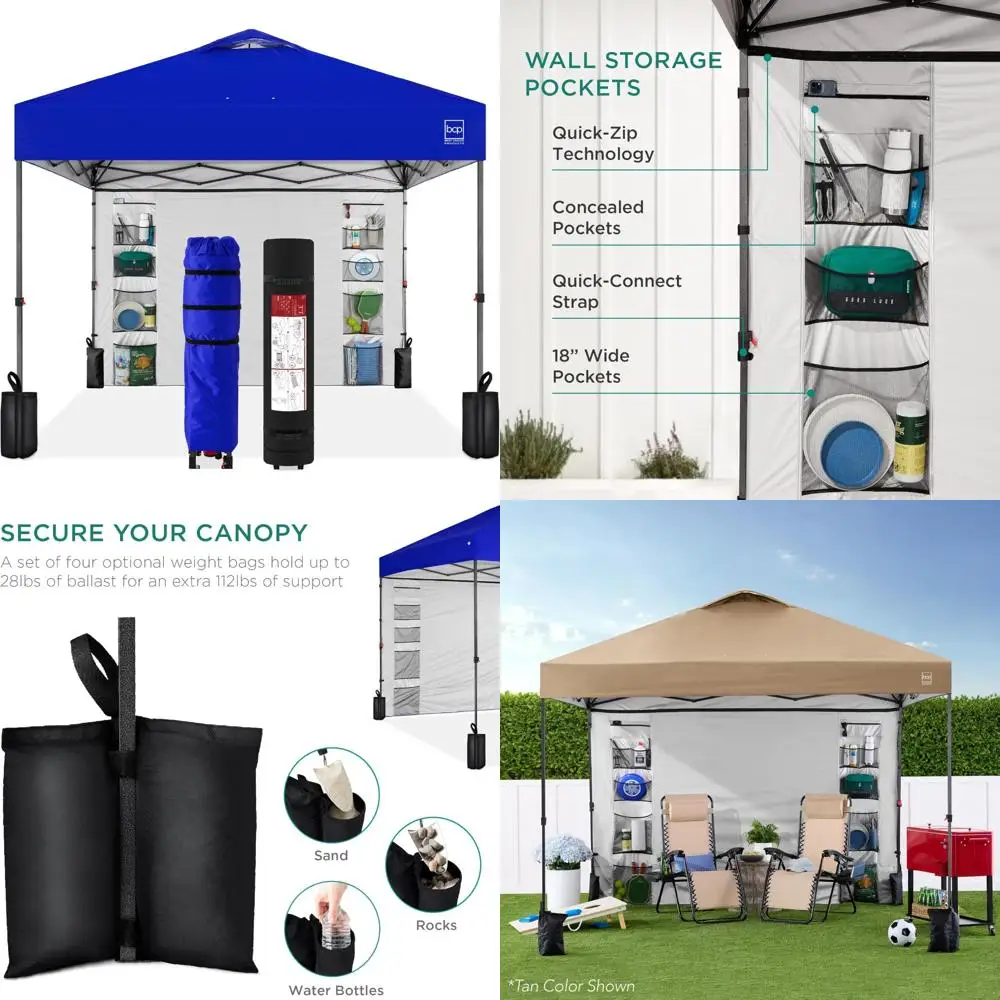 

Best Choice Products 10x10ft Easy Pop Up Canopy w/Side Wall, 10 Pockets, Portable Carrying Case, 1-Button Setup, 4 Weight Bags -