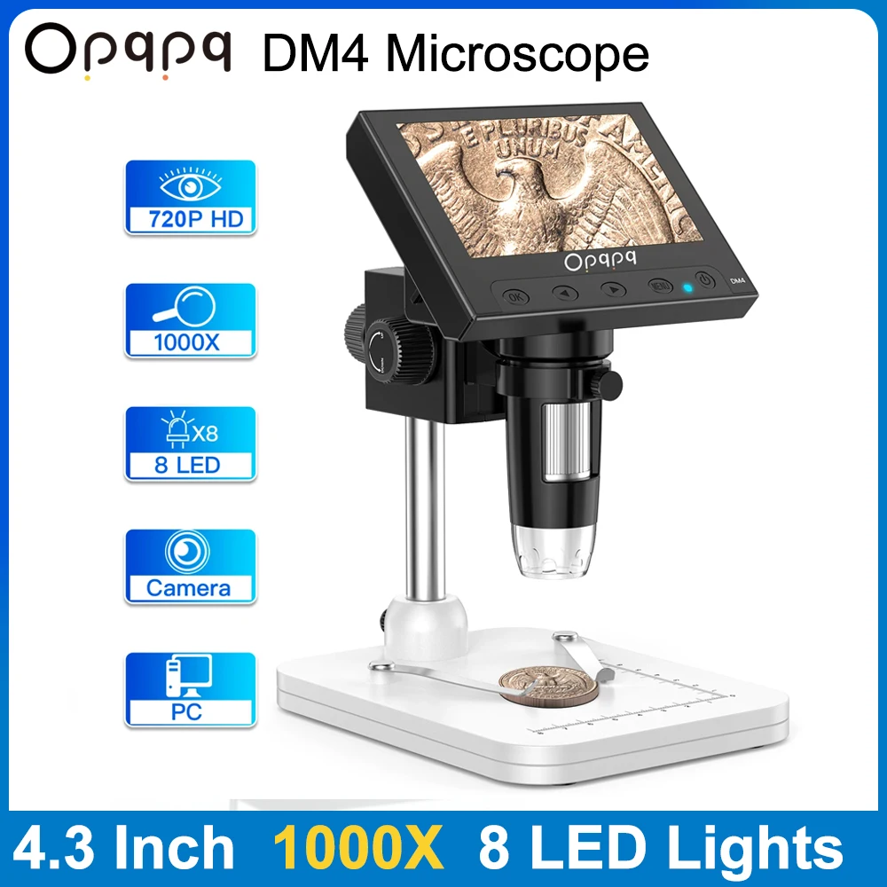 

Opqpq DM4 1000X Digital Microscope 4.3 Inch 720P 2MP PC Soldering Electronics Microscope Biological Science for Adult Kid Lab