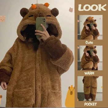 Women Robes Capybara Sleepwear Kawaii Animal Onesies for Adult Flannel Winter Warmable Pajams Girls Party Holiday  Homewear