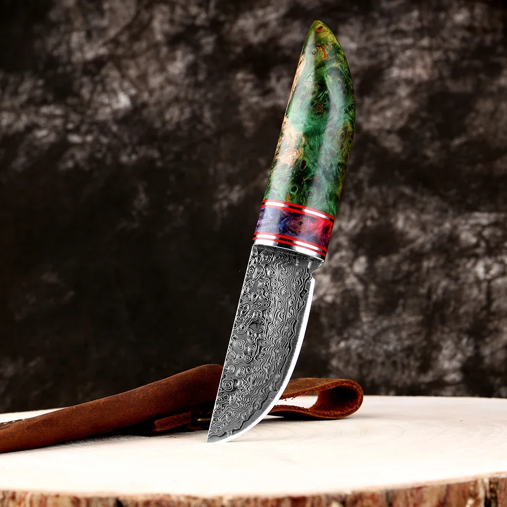 Outdoor Small Straight Knife VG10 Damascus Steel Camping Survival Sharp Knife Fruit Knife Japanese Knife with Leather Sheath