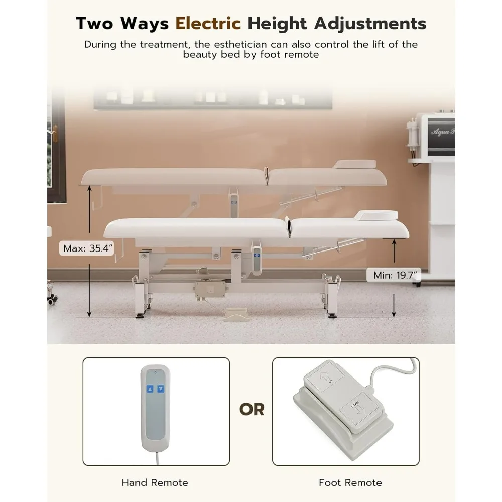 Electric Lift Massage Table Bed and Stool, Spa Facial Treatment Table w/Face Hole, Adjustable Backrest Medical Table