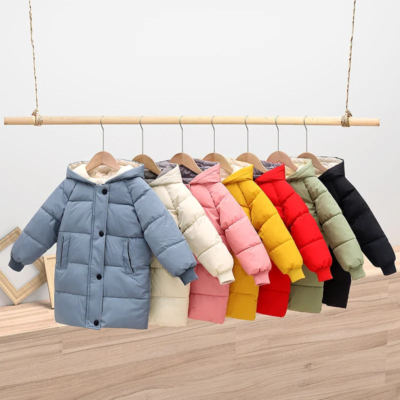 2023 New Winter Kids Down Jacket Boys Girls Solid Mid-Length Warm Coat Cold Protection Hooded Cotton Windbreaker Outerwear 3-10Y