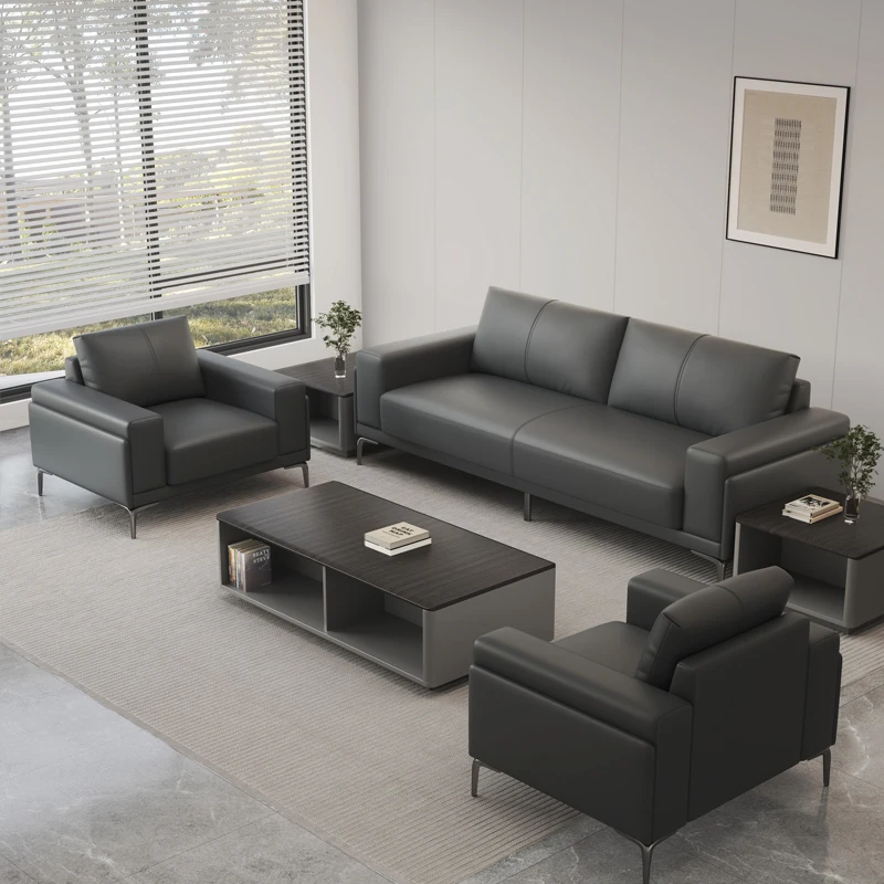 طقم أريكة جلدية فاخرة من تشيسترفيلد باللون الأسود بتصميم بسيط للاستخدام المنزلي في قاعة المكتب والمكتب #4