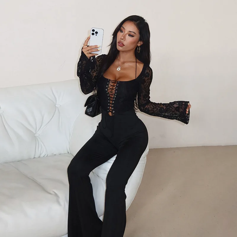 

Новые модные женские брюки с высокой талией, утягивающие, с кружевными вставками, полностью закрывающие фигуру, осенне-зимние, из полиэстера