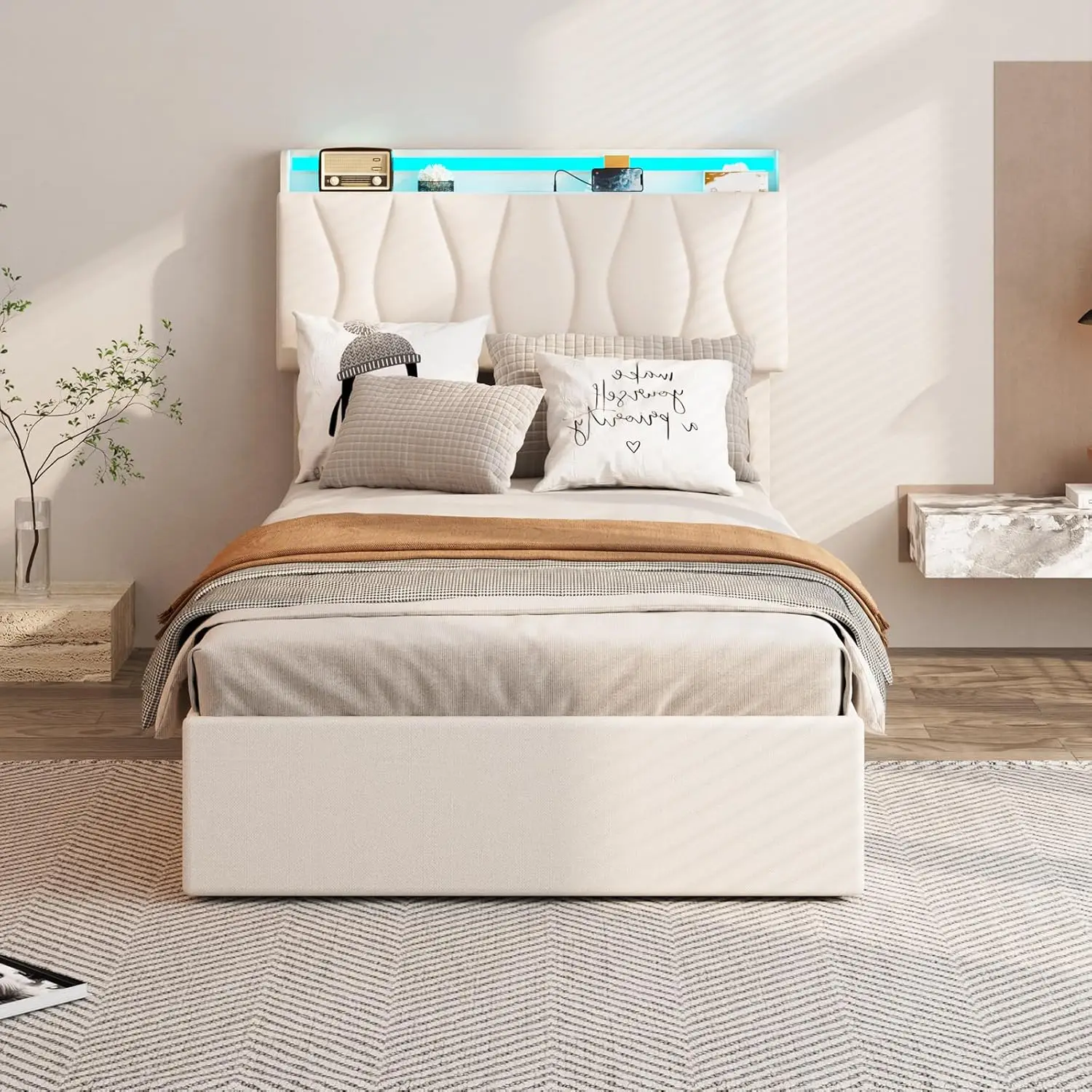 Vabches Lift Up Twin Size Bed Frame with Storage Headboard Upholstered Platform Bed Frame w Charging Station&LED Light Bedroom image 3