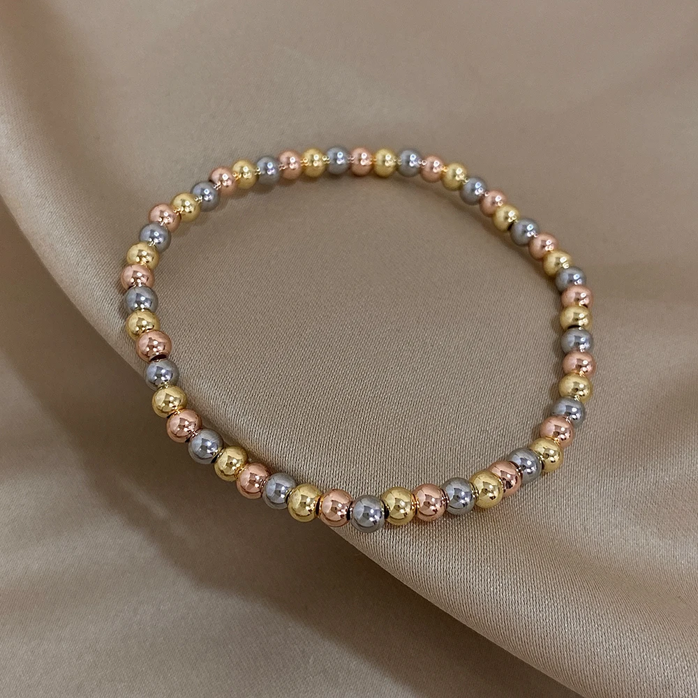 Greatera 3/4mm Stainless Steel Beads Elastic Bracelets for Women Gold Plated Tricolor Beaded Chain Bracelet Waterproof Jewelry